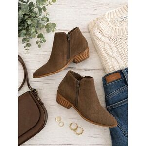 Gianni Bini Brown Suede Ankle Booties Low Stacked Heel Almond Toe Womens 8M